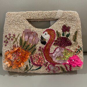 Handcrafted in India Flamingo Tropical Flowers Beaded Sequin Clutch Bag NWT